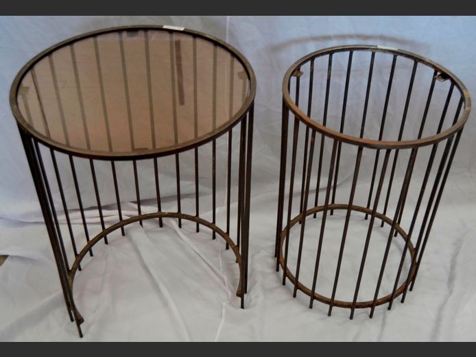 SET OF 2 STEEL CIRCULAR SIDE TABLES, 45cm Diameter x 61cm High & 39cm Diameter x 54cm High [Glass top to 1 needed]