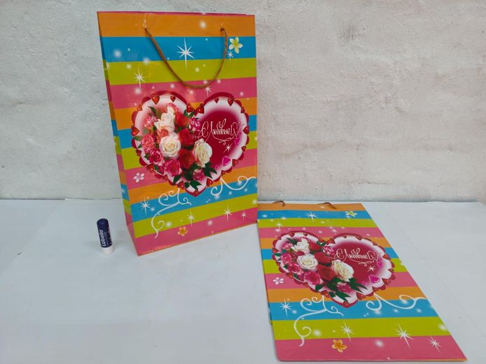Pair of Large Vibrant Floral Heart Printed Paper Gift Bags with Handles
