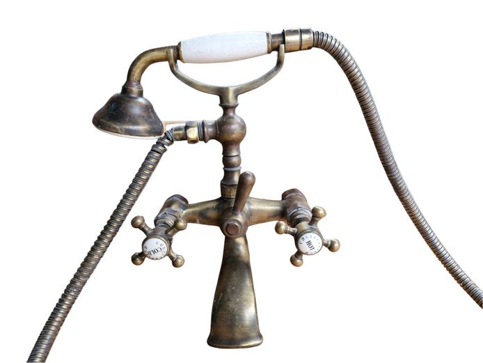 Vintage Brass Wall-Mounted Bath Mixer with Hand Shower