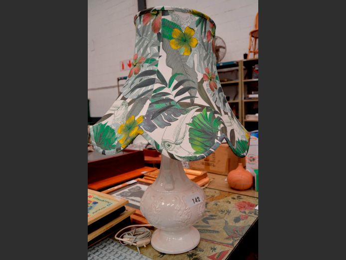 WHITE CERAMIC TABLE LAMP WITH FLORAL SHADE, 80cm High [Cracks to base]