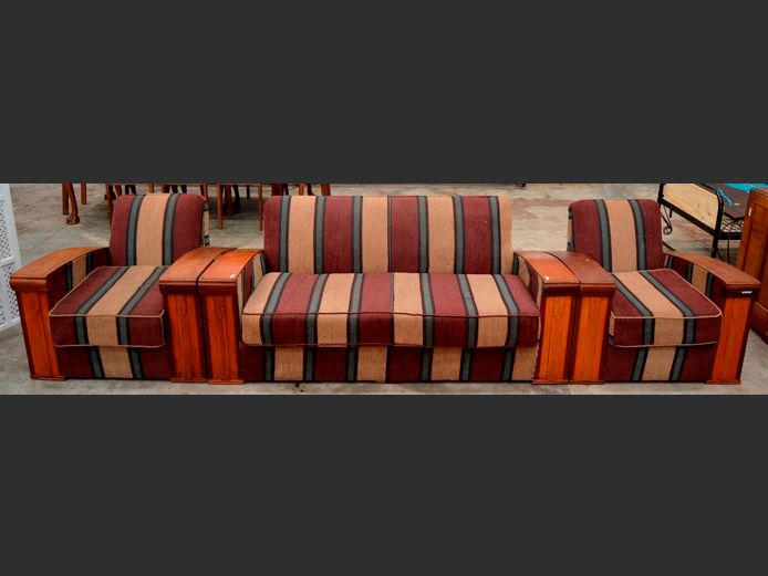ART DECO STRIPED UPHOLSTERED 3-PIECE, 4-SEATER LOUNGE SUITE