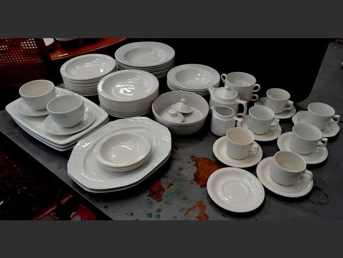 WHITE PASTA PLATES, CUPS & SAUCERS, TEAPOT, STEAK PLATES, etc