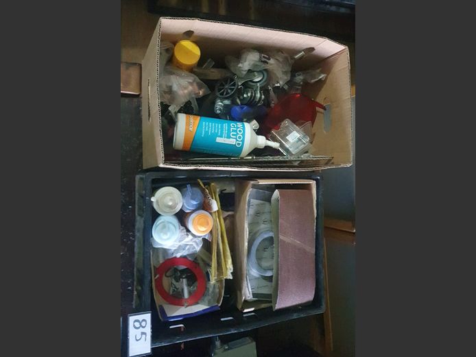 LOT: WOODGLUE, CHALK LINE REEL, CASTORS, etc