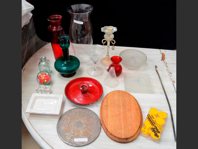 RED & GREEN GLASS VASES, CANDLE HOLDERS, etc