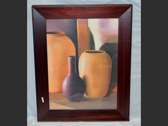MAHOGANY FRAMED OIL ON CANVAS "VASES", 79 x 59cm