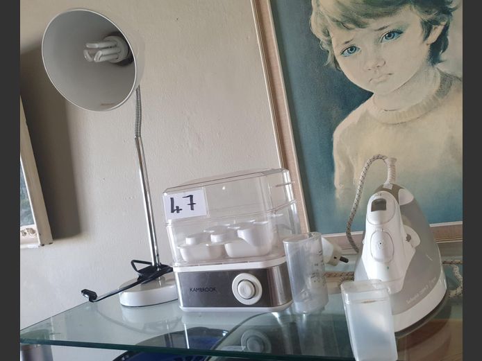LOT: KAMBROOK ELECTRIC EGG BOILER, ADJUSTABLE DESK LAMP & A STEAM IRON [Untested]