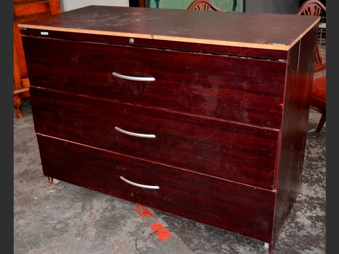 MAHOGANY FOIL 3-DRAWER LATERAL FILER, 134 x 61 x 97cm [Edging needed in places]