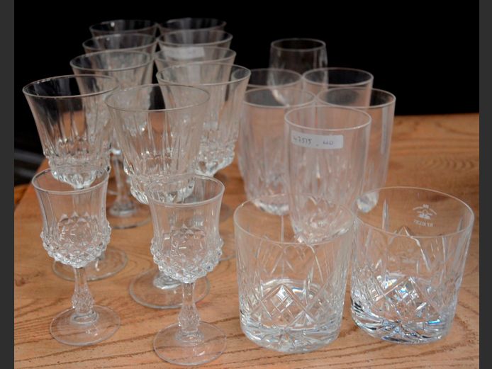 CUT GLASS WINE GLASSES, TUMBLERS, etc