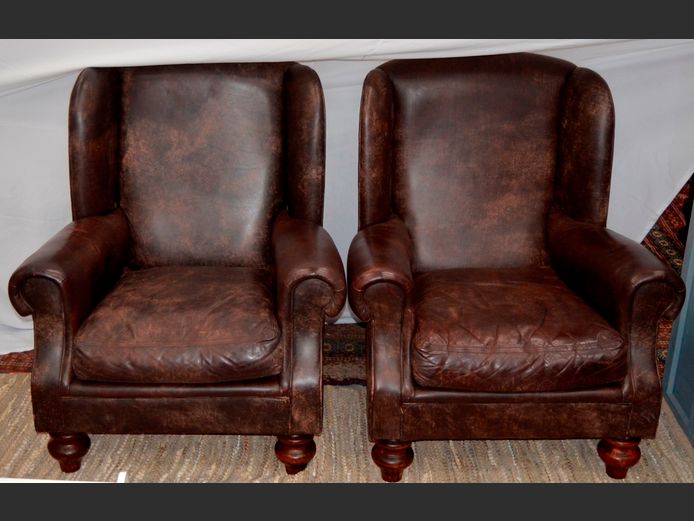 PAIR BROWN LEATHER WINGBACK ARMCHAIRS