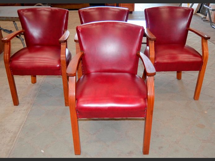 SET OF 4 MAHOGANY ARMCHAIRS WITH RED LEATHER TOUCH SEATS & BACK RESTS