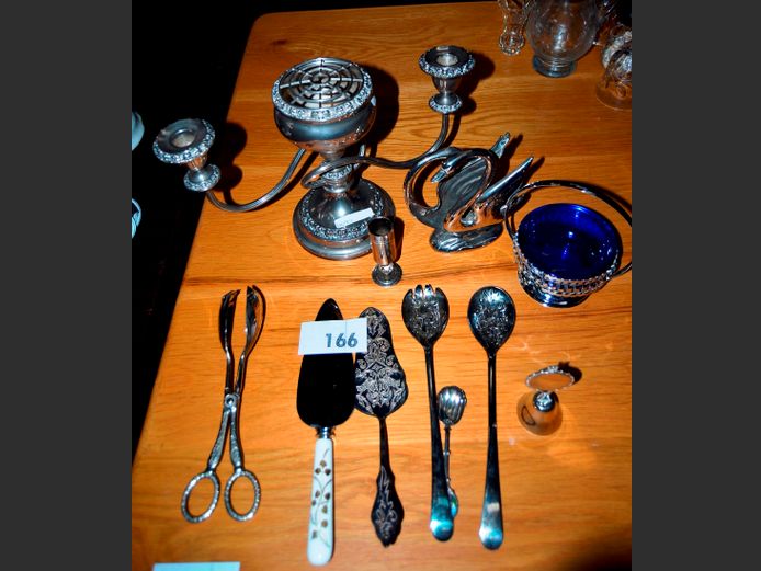 ROYAL CROWN DERBY CAKE LIFT, SILVER PLATE SALAD SERVERS, CANDLESTICK, NAPKIN HOLDER, etc