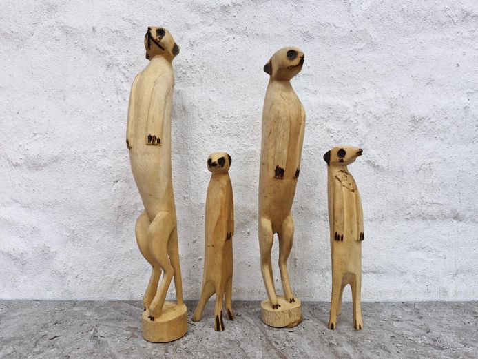 Family of Hand-Carved Wooden Meerkat Sculptures