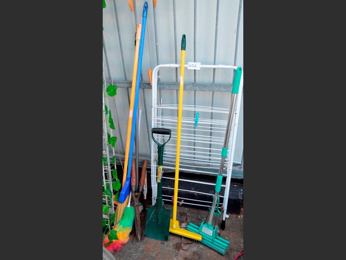 METAL CLOTHES HORSE, BROOM, SPADE, etc