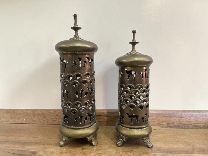 Pair of Vintage Middle Eastern Brass Pierced Candle Lanterns