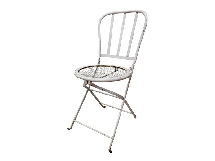 Vintage French Bistro Style Heavy Wrought Iron Folding Chair with Woven Mesh Seat