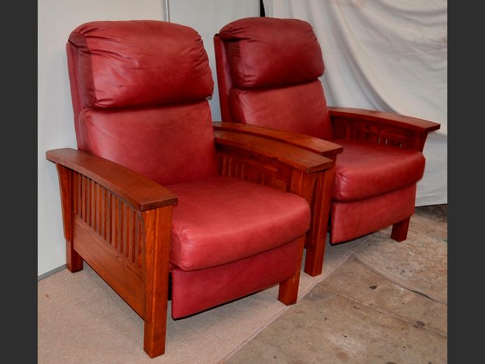 PAIR BARCA LOUNGER OAK & BURGUNDY LEATHER UPHOLSTERED RECLINING ARMCHAIRS