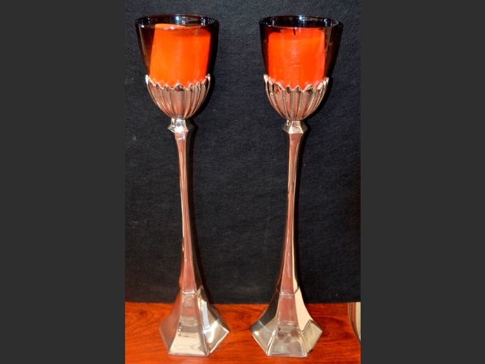 PAIR BRUSHED STEEL & GLASS CANDLE HOLDERS, 55cm High