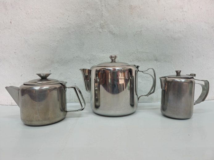 Vintage Stainless Steel Teapot & Beverage Server Trio