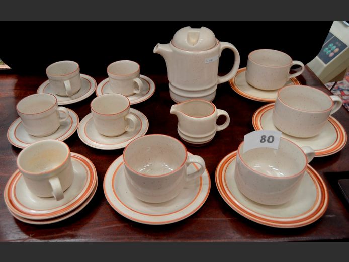 CONTINENTAL STONEWARE SOUP MUGS, COFFEE POT, COFFEE CUPS, etc [22-Pieces]