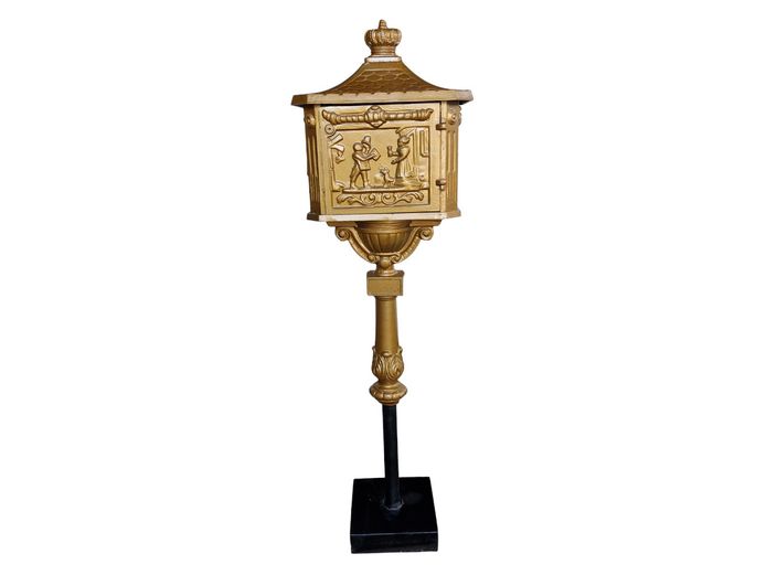 Vintage Gold-Painted Ornate Cast Metal Post Box on Stand