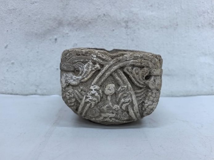 Cast Concrete Stone Ashtray with Intricate Relief Details