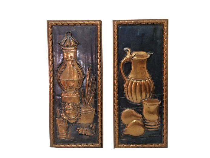Vintage Pair of Dutch Embossed Copper Relief Wall Plaques