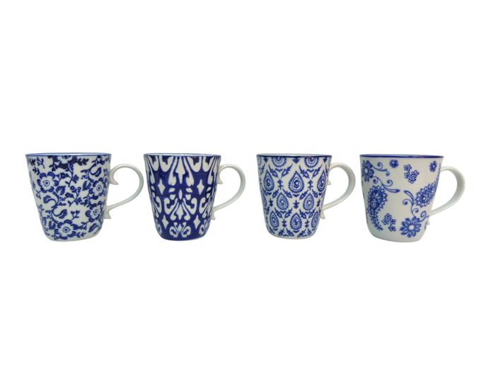 Set of 4 Cobalt Blue & White Bohemian Ceramic Mugs