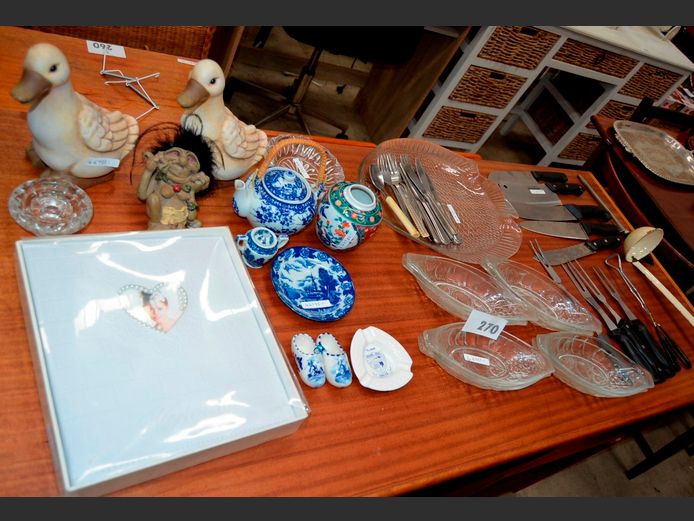 KITCHEN KNIVES, GLASS DESSERT BOWLS, DUCK ORNAMENTS, etc