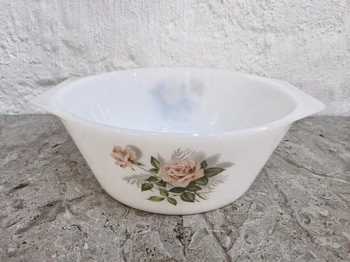 Vintage Milk Glass Casserole Bowl with Pink Rose Floral Pattern