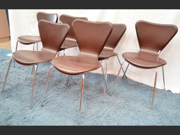 SET OF 6 CHROME & BROWN LEATHER TOUCH ANT CHAIRS