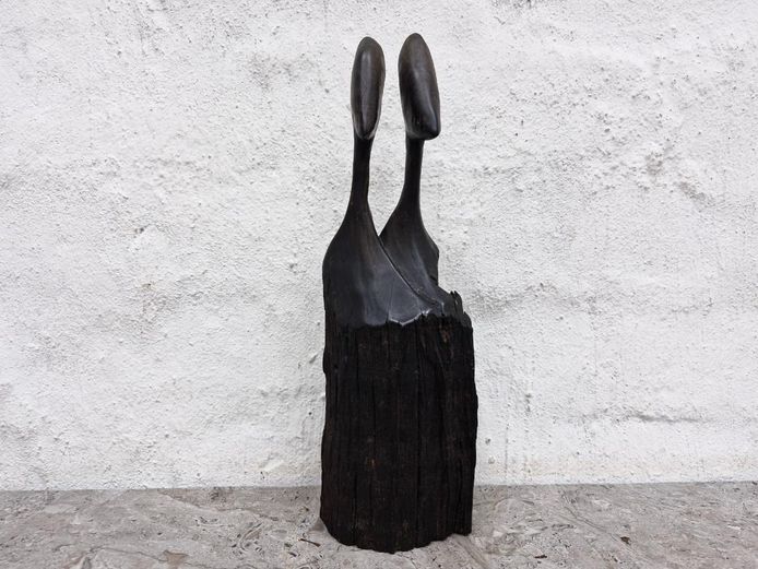 Abstract Ebony Hardwood Sculptural Carving Featuring Stylised Twin Figures