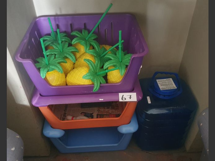 LOT: PLASTIC STACKABLE VEGGIE RACK, WATER BOTTLE, etc