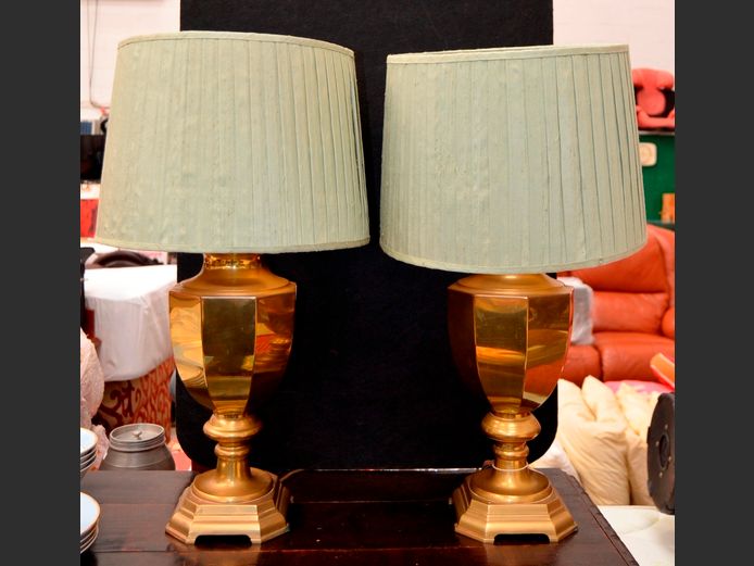 PAIR BRASS TABLE LAMPS WITH SHADES, 63cm High
