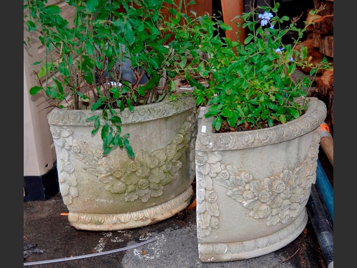 PAIR CONCRETE CORNER PLANTERS, 55 x 40 x 44cm