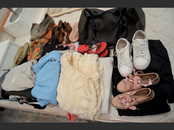 ASSORTED LADIES & MEN'S CLOTHING & A LEATHER BAG WITH SHOES [6,7]