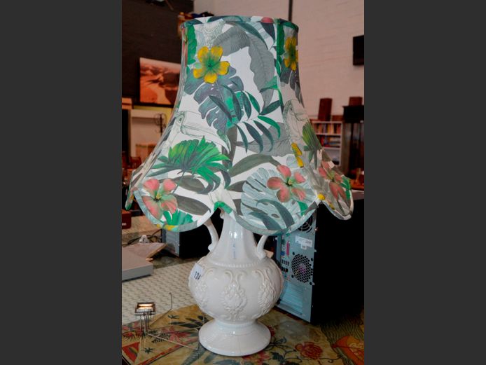 WHITE CERAMIC TABLE LAMP WITH FLORAL SHADE, 80cm High [Cracks to base]