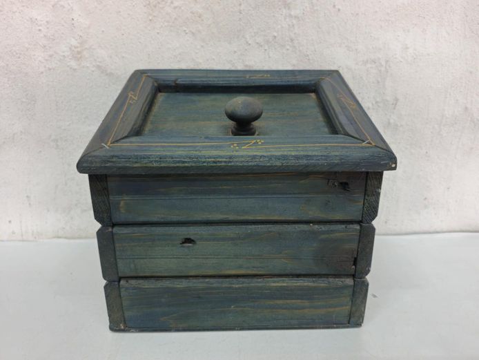 Rustic Hand-Painted Wooden Storage Box With Hinged Lid