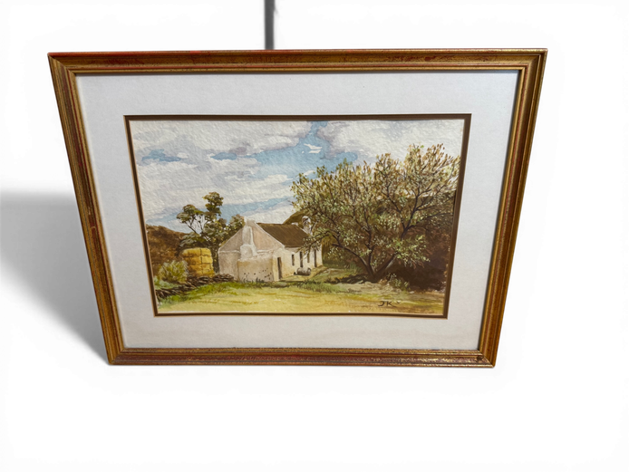 Framed Farm Cottage Landscape Painting (Signed “JK”)