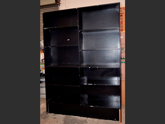 BLACK PAINTED MULTI-TIER BOOKSHELF, 161 x 30 x 227cm [Needs re-painting]
