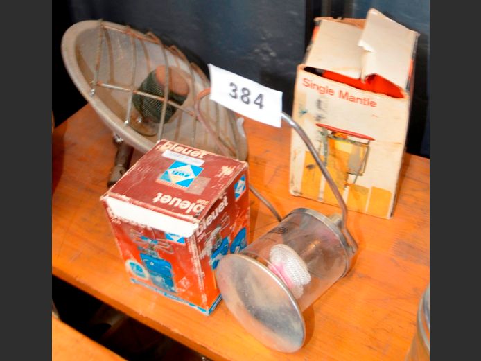 LOT: 2 x GAS LANTERN ATTACHMENTS, VINTAGE GAS HEATER ATTACHMENT, etc