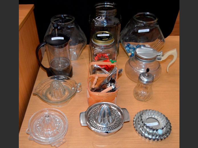 VINTAGE GLASS & METAL LEMON SQUEEZERS, GLASS JARS, FRENCH PRESS, etc
