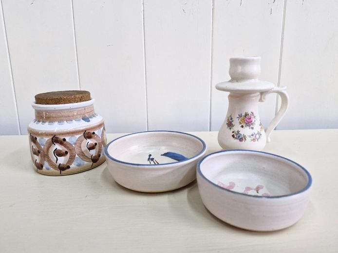 4-Piece Pottery Lot - Decorative Ceramic Jar, Bowls & Candlestick