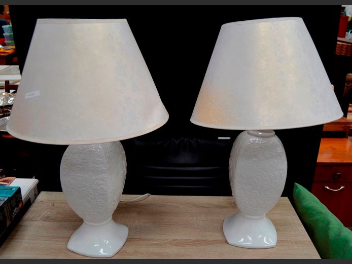 PAIR WHITE CERAMIC TABLE LAMPS WITH SHADES, 66cm High [Shades discoloured]