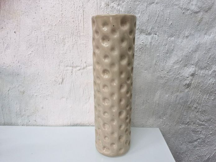 Studio Pottery Tall Glazed Cylindrical Vase with Dimpled Honeycomb Texture