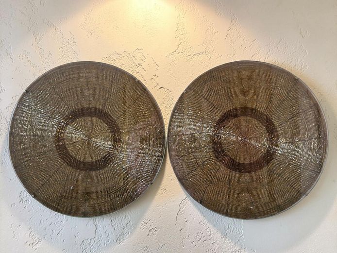 Pair of Mid-Century Swiss Made Beaded Glass Wall Medallions, 31cm