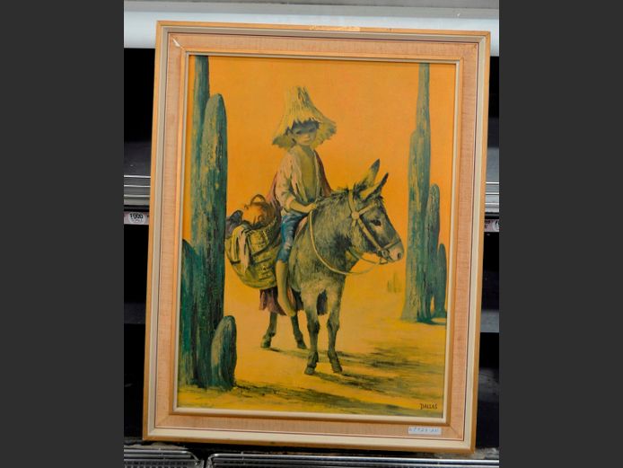 FRAMED PRINT "BOY ON DONKEY" SIGNED DALLAS, 49.5 x 37cm