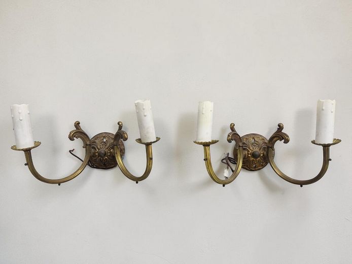 Pair of Antique Gilt Brass Two-Arm Wall Sconces