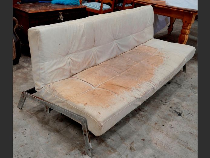 WHITE LEATHER TOUCH SLEEPER COUCH, 200cm Long [Needs new cover]