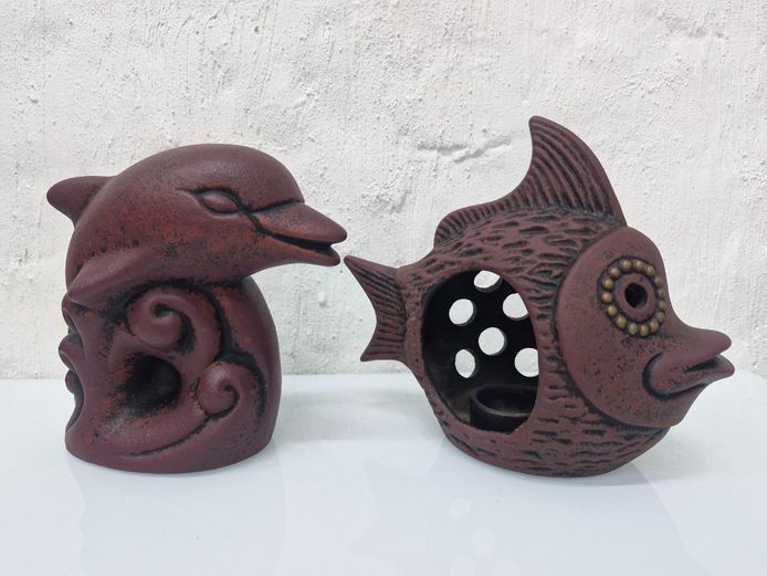 1980's Ceramic Dolphin Figure & Fish Tealight Holder