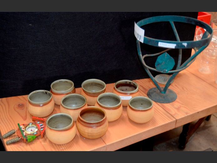 METAL CANDLE STAND, STONEWARE DIPPING BOWLS, etc